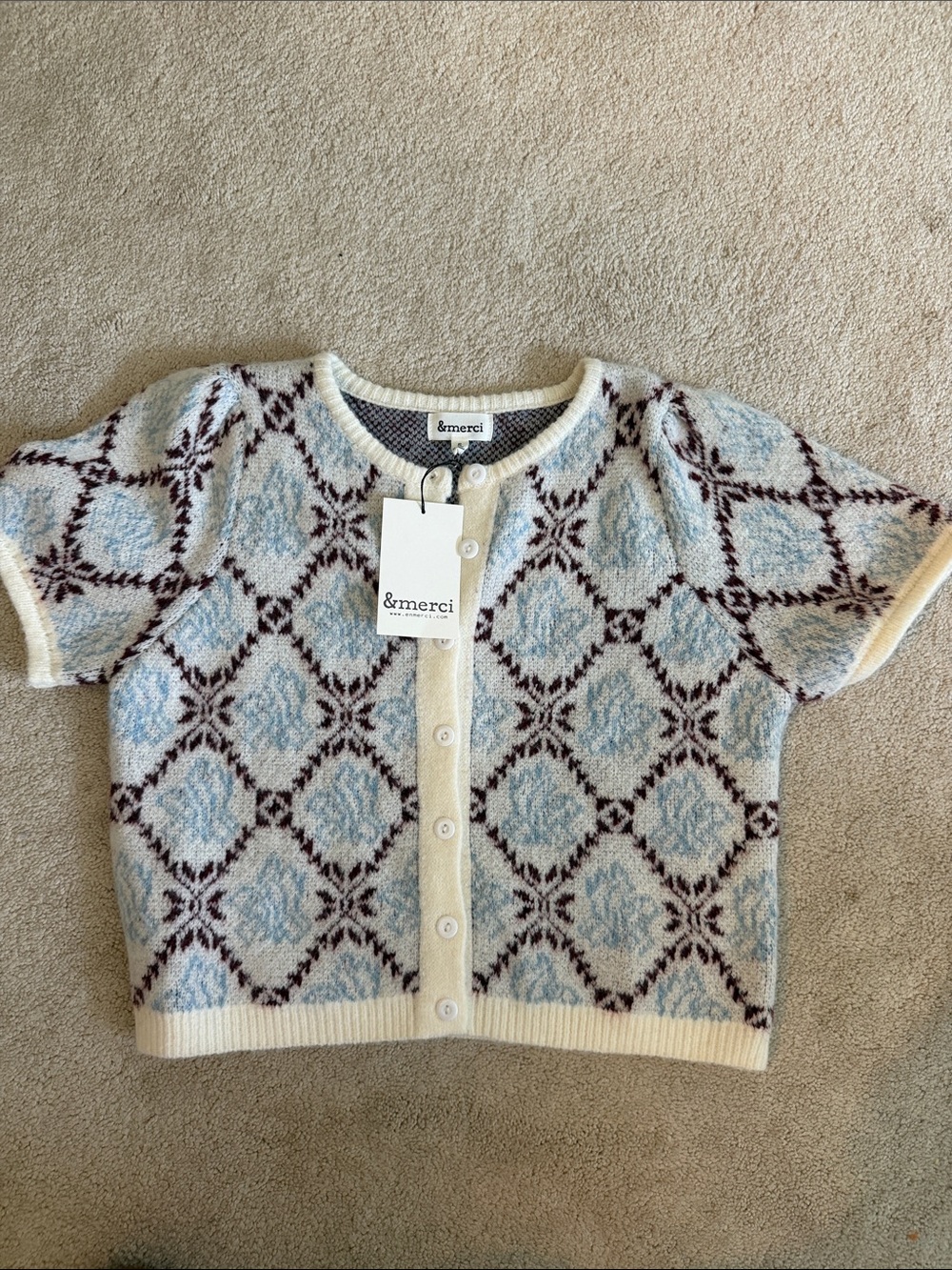 &merci Blue Patterned Short-Sleeve Crew Sweater